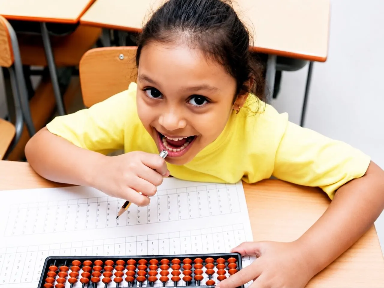 Child practising mental arithmetic with an abacus at a desk
