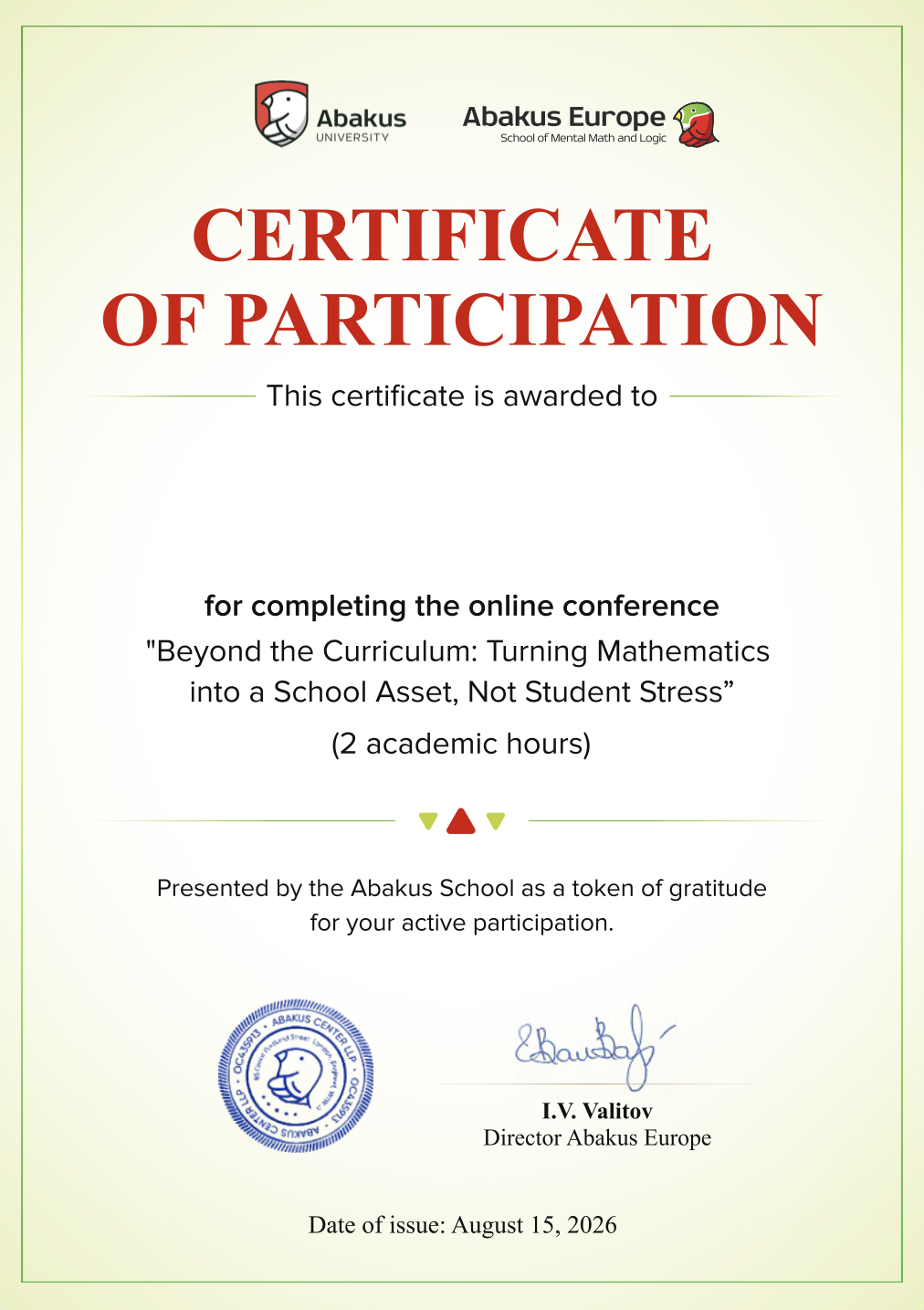 Abakus certificate of participation for the online conference