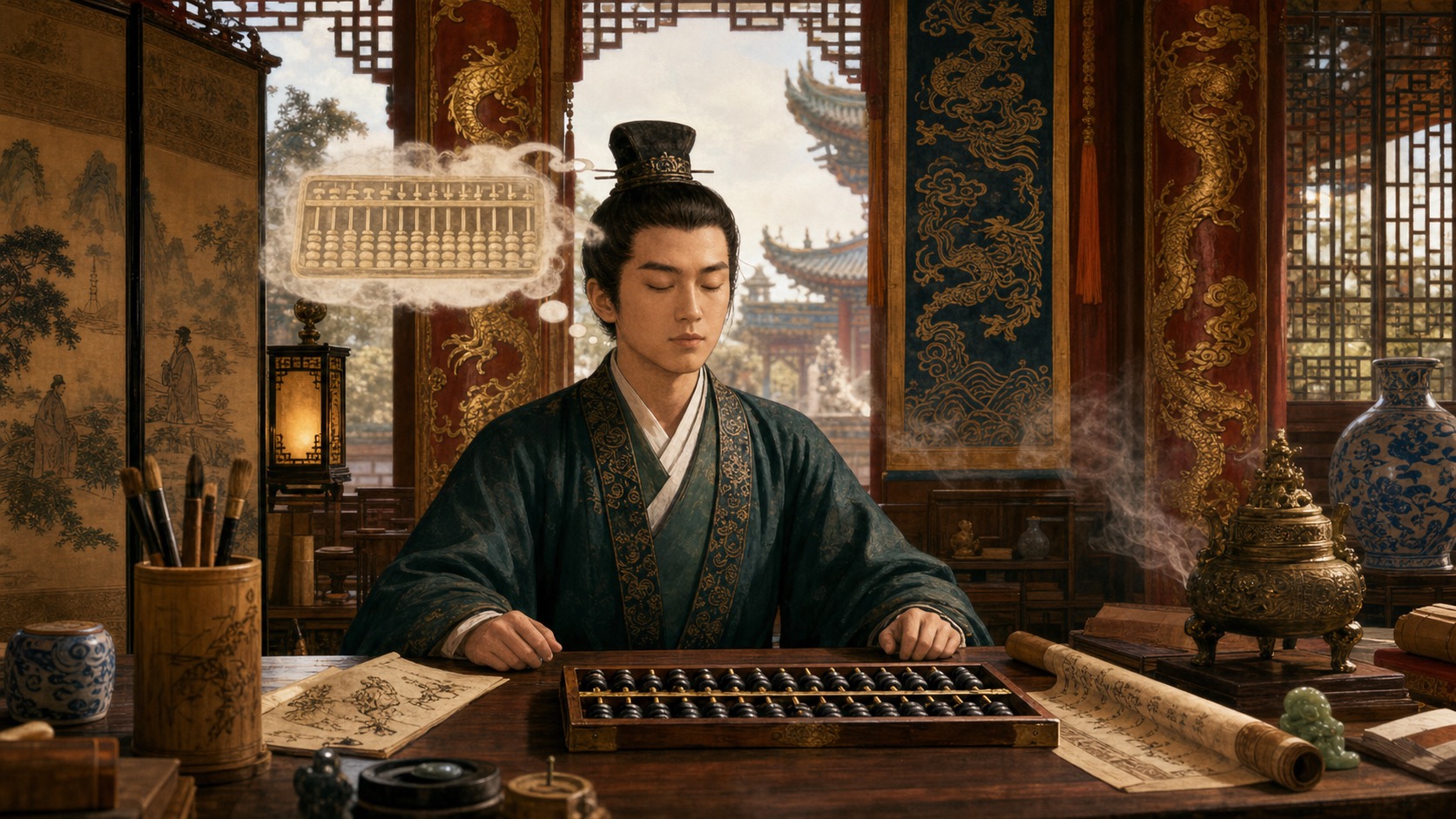 Ancient Chinese court scholar calculating mentally with a suanpan abacus